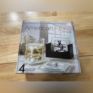 American Atelier home 4 photo coasters with caddy. Brand new in box